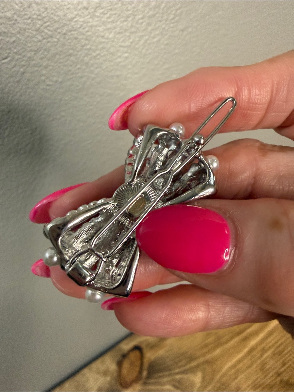 Silver Bow Hair Clip with Pearls and Rhinestones; NWOT - Picture 3 of 5